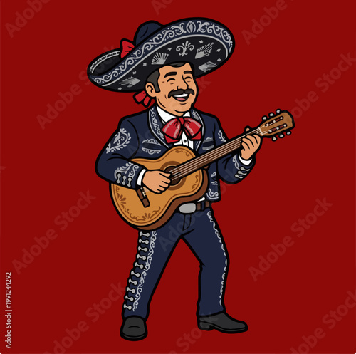 Man in mariachi costume playing guitar.