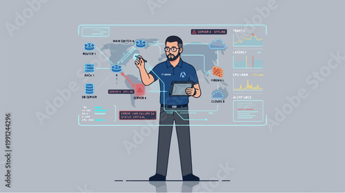 Man in blue shirt holding tablet.