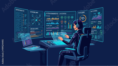 Man working on computer screens technology.