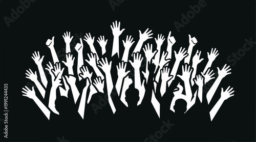 Many raised hands in air.