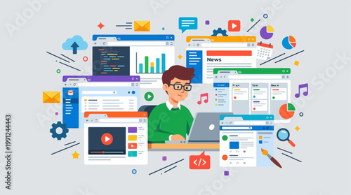 Man working on laptop computer.