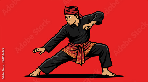Martial arts athlete in fighting stance.
