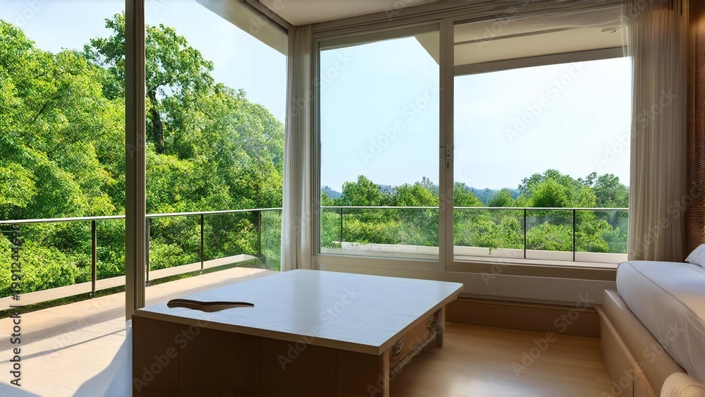 Fototapeta premium Modern hotel room with large windows overlooking lush green forest and balcony