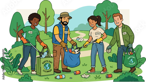 People collecting trash in park.