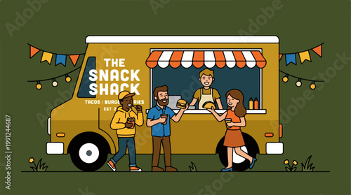 People standing at food truck window.
