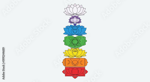 Seven colorful chakras stacked vertically representing spiritual energy centers.