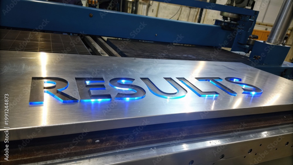 Obraz premium Illuminated results sign in a modern workshop highlighting manufacturing excellence and precision technology