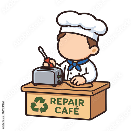 Chef fixing toaster at repair cafe desk