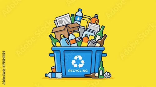 Recycling bin full of trash.