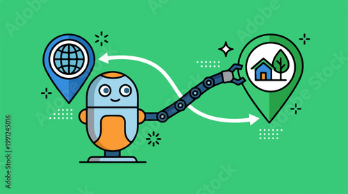 Robot Holding Map Location Pointer Icon.
