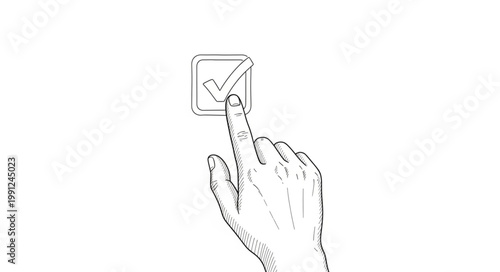 Hand Finger Tapping Check Mark Box Icon.