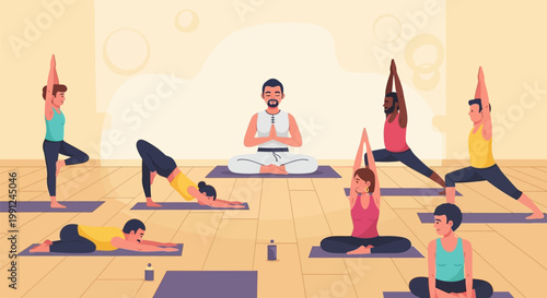 Group of diverse people practicing yoga with instructor in a studio.