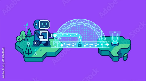 Robot on green circuit board platform.