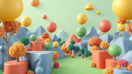 Whimsical 3d landscape with colorful balloons and abstract trees