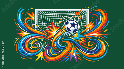 Soccer ball flying into goal net.