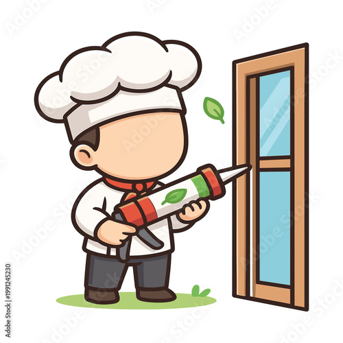 Chef applying sealant to door frame flat vector illustration