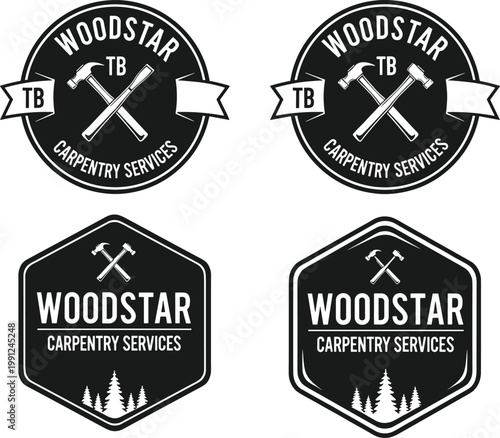 Vintage woodstar carpentry services logo badges set with crossed hammers, chisels and forest trees elements for woodworking industry branding and design