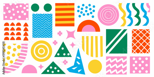 Colorful abstract geometric shapes and patterns arranged in a playful composition