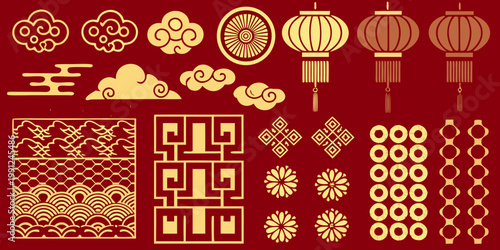 Golden chinese new year decorations and traditional ornamental patterns
