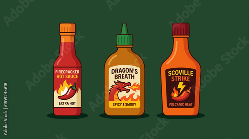 Three bottles of hot sauce condiments.