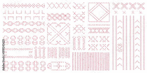 Collection of red embroidery stitch patterns arranged on a white background