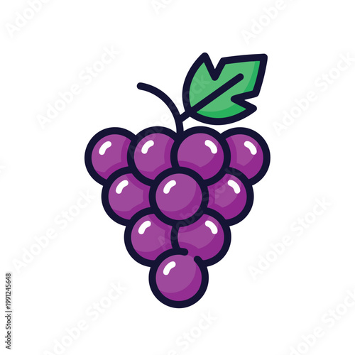 A stylized vector illustration of a bunch of purple grapes with a green leaf.