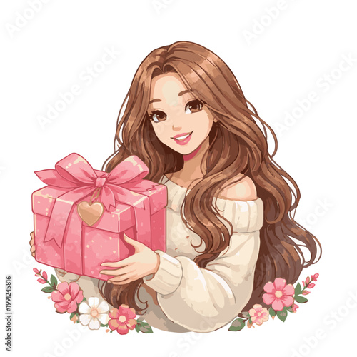 Vector art of a beautiful woman holding a pink gift box she just received, graceful pose, soft tones, minimal vector style, elegant composition, happy celebration concept