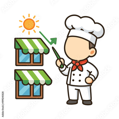 Chef pointing at green awning windows with sun symbol