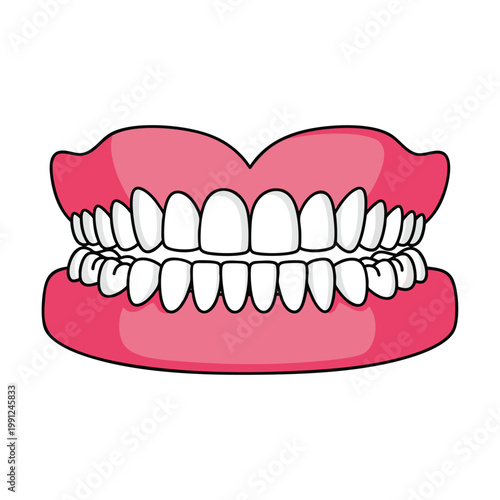 Cartoon illustration of a full set of artificial dentures on pink gums.