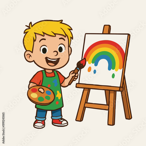 Vector art of a little boy painting a rainbow artwork on a canvas, imaginative and fun scene, smooth lines, vibrant concept, minimalist style, artistic and joyful expression.