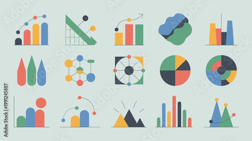 Colorful abstract data visualization elements including charts graphs and diagrams
