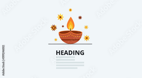 Traditional Lit Diya Oil Lamp with Decorative Floral Elements for Diwali Festival Celebration.