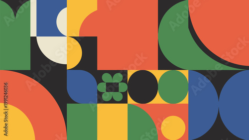 Geometric abstraction featuring colorful shapes circles and overlapping planes