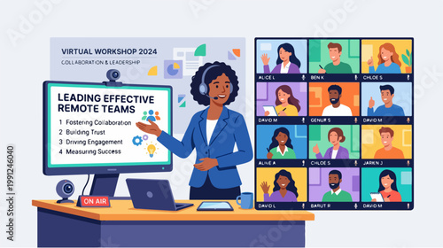 Woman leading remote team presentation.