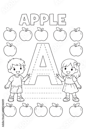 Cute vector of a big letter A with two little kids and many apples around, designed in playful style for education, helping children learn alphabet with fun A for apple.