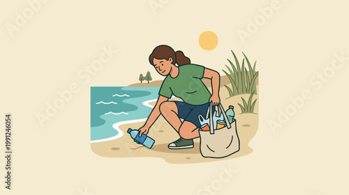 Woman picking up trash on beach.