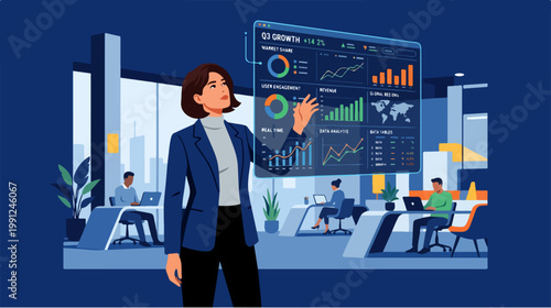 Woman presenting business data charts.