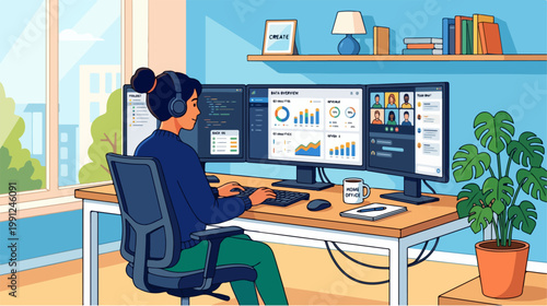 Woman sitting at desk with computer.