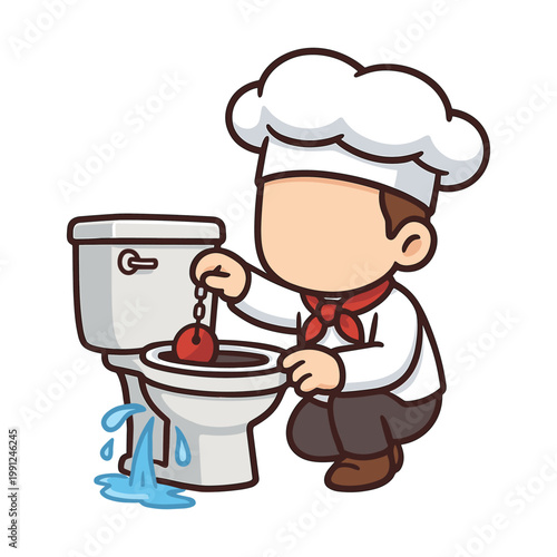 Chef unclogging leaking toilet with plunger cartoon