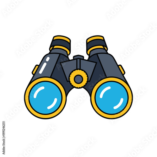 Cartoon vector illustration of classic black binoculars with yellow accents for exploration and birdwatching.