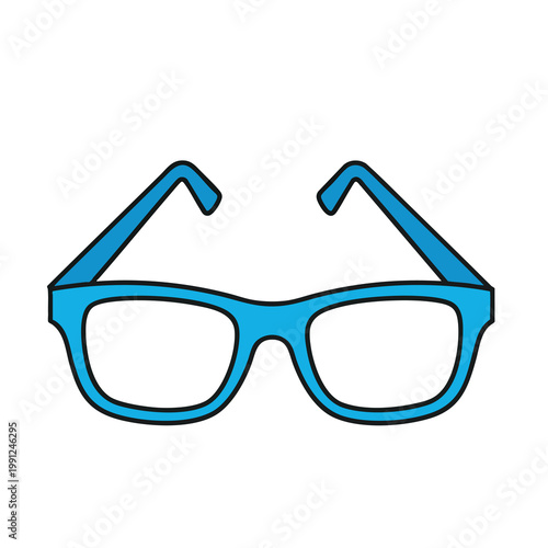 A simple flat vector icon of blue plastic framed glasses isolated on white background.
