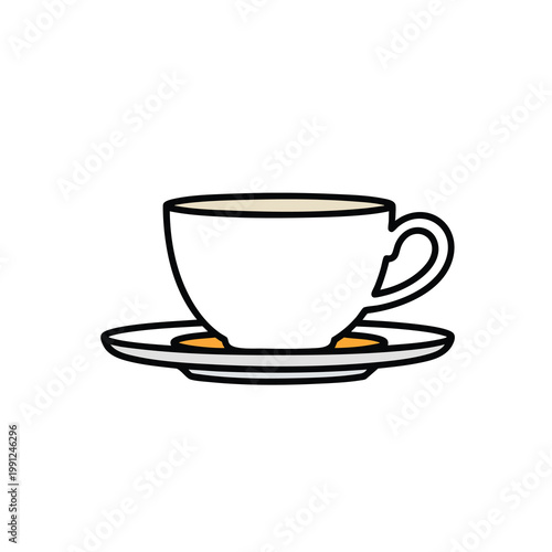 A simple flat vector icon illustration of a white tea cup on a saucer.