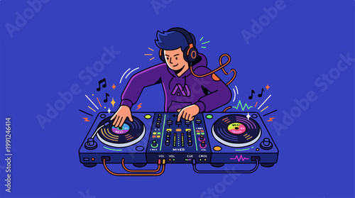 Young man wearing headphones DJing music.