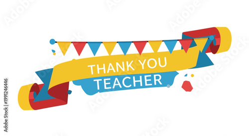 Colorful Thank You Teacher Banner with Pennant Flags and Pencil Accents.