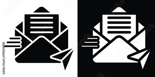 Email Message and Sending Icon Envelope with Letter and Paper Plane for Communication, Newsletter and Contact Symbol, Black and White