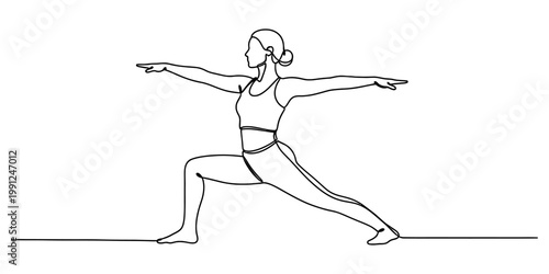 A single continuous line drawing of a woman in an athletic pose representing a yoga warrior ii isolated on white background, Vector, illustration