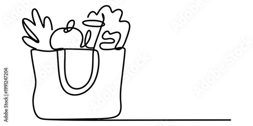 A single continuous line drawing of a reusable fabric shopping bag filled with fresh groceries. isolated on white background, Vector, illustration