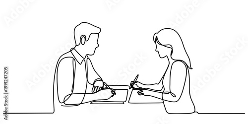 A continuous line drawing of a man and a woman sitting at a desk and working on some paperwork isolated on white background, Vector, illustration
