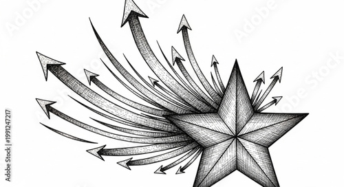 Hand Drawn Star With Arrows Showing Growth And Direction.