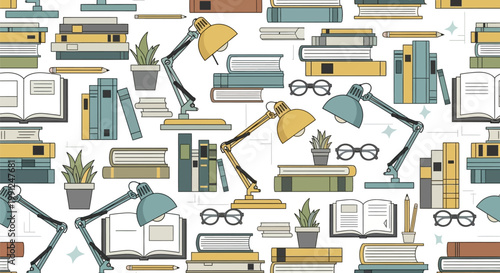 Seamless pattern of books, desk lamps, and reading glasses for education and knowledge.